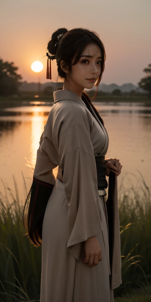 A lone samurai woman standing in a tranquil field during dusk, inspired by the Sengoku period of Japan. She wears traditional black and dark brown samurai attire, including a loose robe (kimono-style) with wide sleeves, tied with a dark obi around her waist. Her hair is tied up in a traditional warrior style, with a calm yet resolute expression on her face. The scene has a soft, muted color palette with earthy tones, capturing the serenity of the moment. The background is simple, with soft, fading light in the sky, silhouetting her figure against the evening glow. Birds are flying in the distance, and the overall mood is one of quiet contemplation and strength."Additional Parameters:Style: Realistic, slightly stylized with a soft, muted color paletteLighting: Dusk lighting, soft and warm with fading sunlightColors: Dark black and brown tones for the attire, earthy tones for the environment, muted hues overallComposition: The samurai woman centered, with a minimalistic background that highlights her attire and silhouetteEnvironment: Quiet field during dusk, with birds in the distance and a serene atmosphere