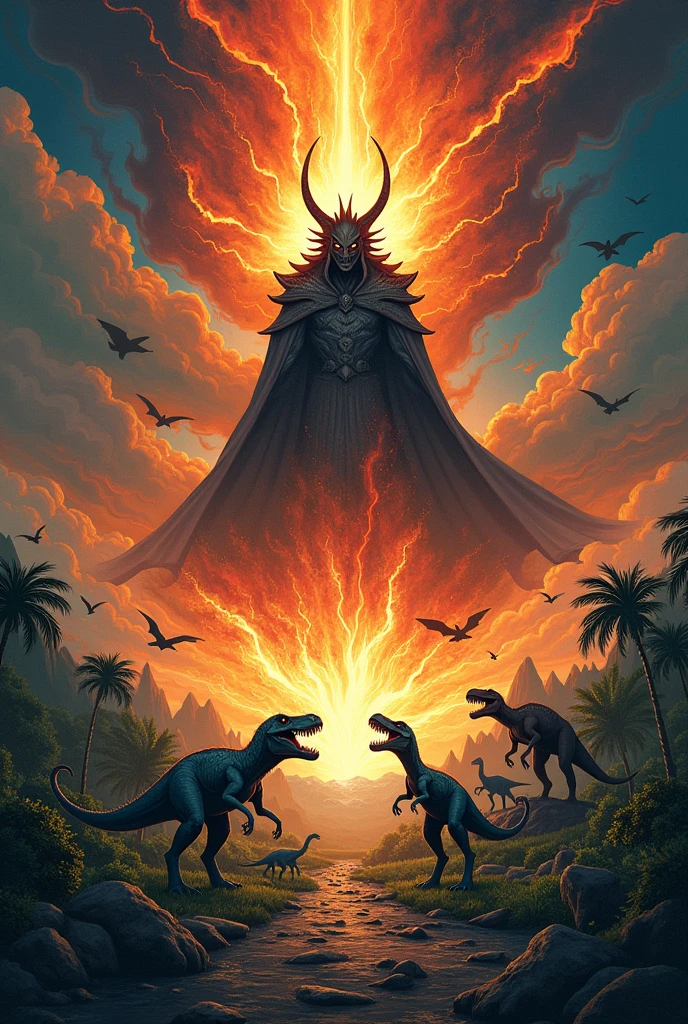 Recreate the dinosaur apocalypse using Sauron from The Lord of the Rings as the meteor..
Integrated in a simple illustration style