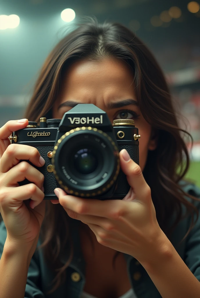 An old camera close-up, with a female photographer trying to capture the action while the game is happening in the background. Adds a sense of urgency and frustration.Realista,cinematic,8k