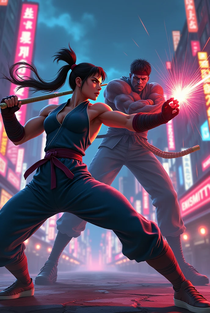 Chun-li fighting blank from behind, nunchaku in hand, in the style of (((Street-Fighter game))) with a Niji cartoon aesthetic, modern anime interpretation, fantasy elements, eerie atmosphere, intricate details, elegant composition, super highly detailed characters and background, professional digital painting techniques, artstation quality, concept art approach, 8k resolution, artistic fusion of styles reminiscent of Artgerm, Eiichiro Oda, and Koyoharu Gotouge, dynamic action pose, vibrant color palette, exaggerated proportions, sharp line work, dramatic lighting effects, intense facial expressions, fluid motion lines, detailed street background, blend of 2D and 3D elements, cinematic framing, high contrast shadows.