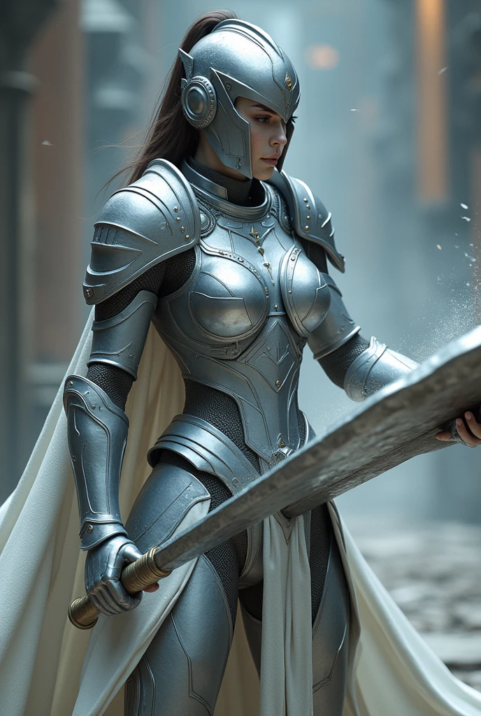  A female warrior in silver armor and a silver capped helmet manipulating a metal plate 
