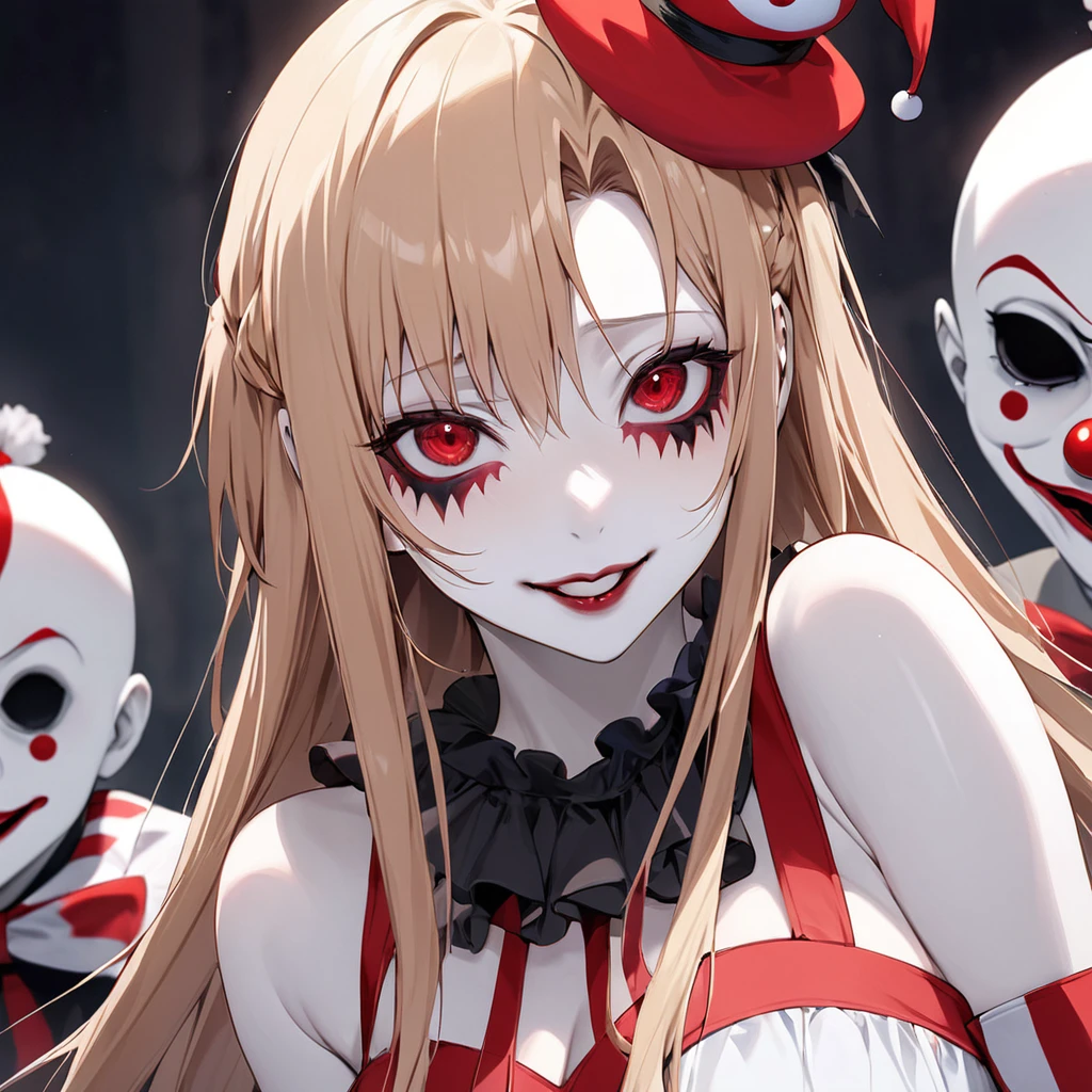 ((Highest quality)), ((masterpiece)), (detailed), (Perfect Face)、((The woman is Yuuki Asuna, with light brown, medium-long hair, pure white skin, and a creepy clown mask.))、The woman was dressed in a creepy clown costume, wearing a jester hat with clown makeup, a creepy clown face, and a red nose.、The woman is a creepy, evil, lewd clown who is a minion of an evil organization.、Creepy and evil clown women who have dedicated their souls to the evil circus and a creepy clown woman are lined up