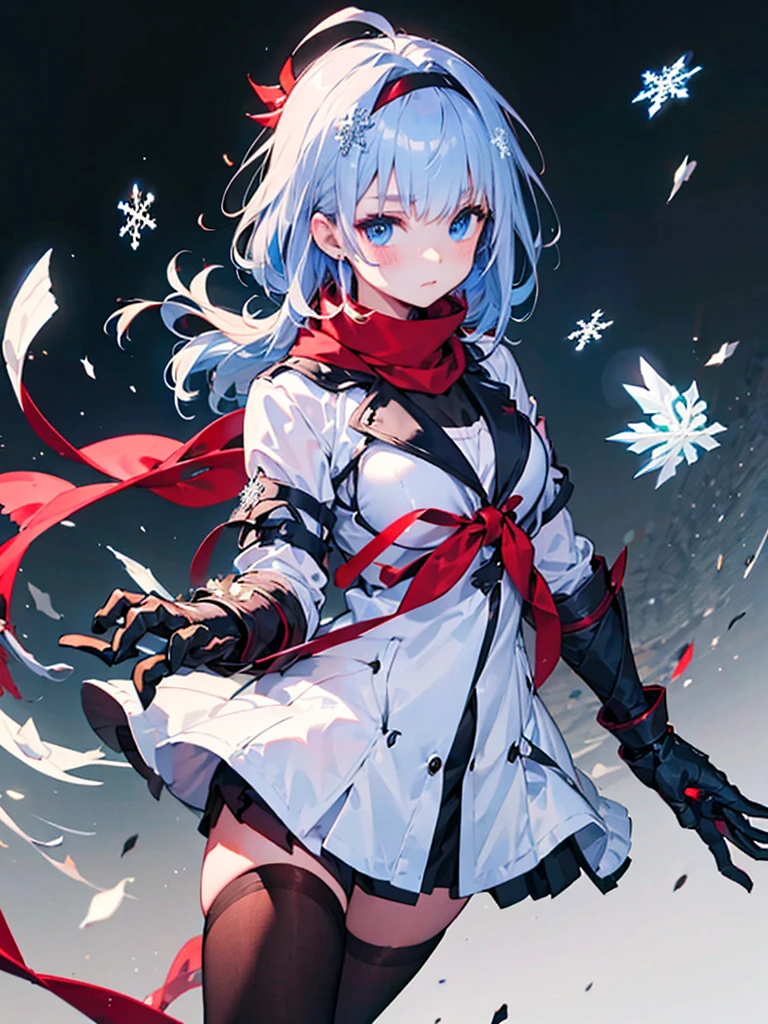 Black background with spotlight, Snowflakes flutter,Wearing a red scarf, White jacket,Medium hair, Blue and white hair,blue eyes,（mechanized hand++, Unusually huge gauntlet++）