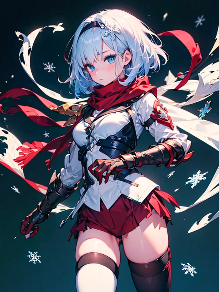 Black background with spotlight, Snowflakes flutter,Wearing a red scarf, White jacket,Medium hair, Blue and white hair,blue eyes,（mechanized hand++, Unusually huge gauntlet++）