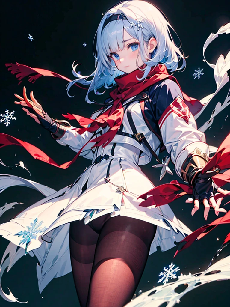 Black background with spotlight, Snowflakes flutter,Wearing a red scarf, White jacket,Medium hair, Blue and white hair,blue eyes,（mechanized hand++, Unusually huge gauntlet++）