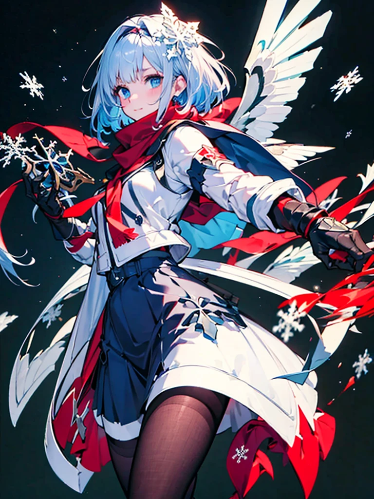 Black background with spotlight, Snowflakes flutter,Wearing a red scarf, White jacket,Medium hair, Blue and white hair,blue eyes,（mechanized hand++, Unusually huge gauntlet++）