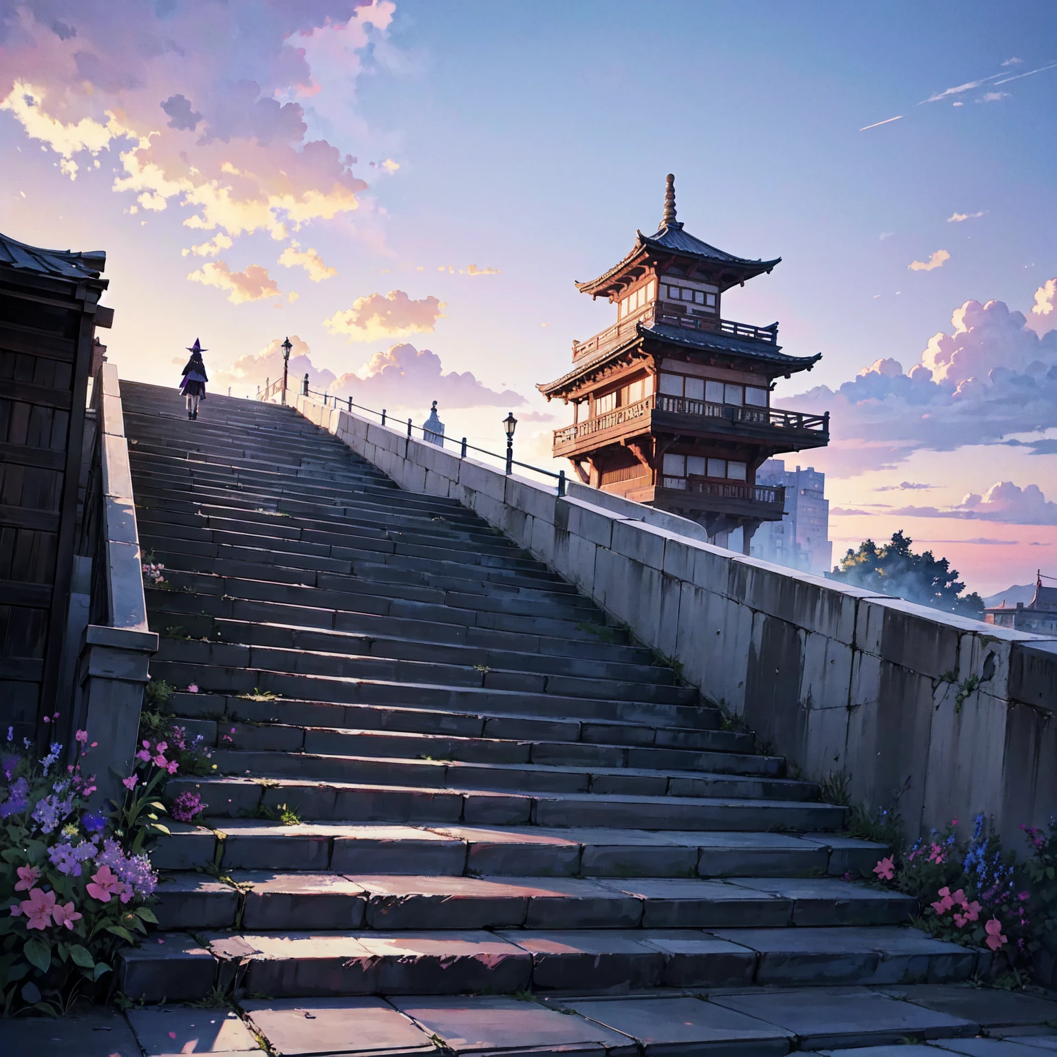 The only structure present in the painting is a simple staircase made of iron. There is no land. There are no walls. The background is nothing but stairs and clouds. A girl with long violet-purple hair. A kind, full smile. Pointy elf ears. Her clothes are simple: a black robe with wide sleeves and a black miniskirt. Her knees are showing. There is a V-shaped white insert in the front, like a kimono. A witch's hat with purple ribbons on each side. Black boots. Background, bright painting, Makoto Shinkai, only endless stairs, stairs above clouds, illustration, nostalgic, vivid, bright, sunset. A maze of connected stairs. A labyrinth of stairs. Not touching land. A simple iron staircase. Decaying old staircase.