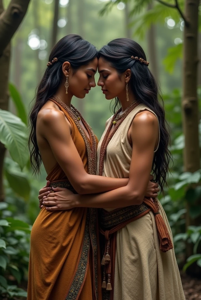 Two people dressed in long tunics like those from the Peruvian jungle embrace.
