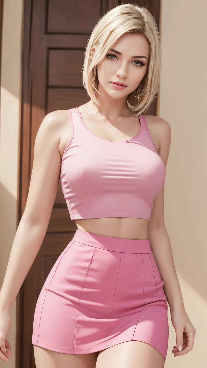 A beautiful woman with platinum blonde hair in a chignon hairstyle, wearing a pink waist-high short skirt and a crop top, (best quality,4k,8k,highres,masterpiece:1.2),ultra-detailed,(realistic,photorealistic,photo-realistic:1.37),extremely detailed face and eyes,beautiful detailed lips,longeyelashes,highly detailed skin,studio lighting,vivid colors,elegant,fashion photography,graceful pose
