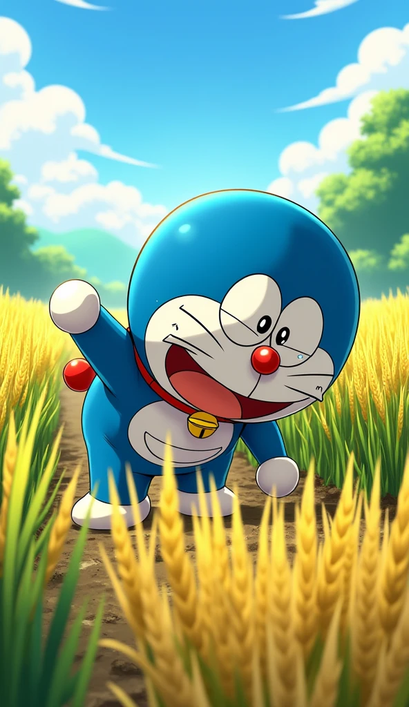 Doraemon harvested rice,Doraemon's face was sweating a lot because he was very tired 