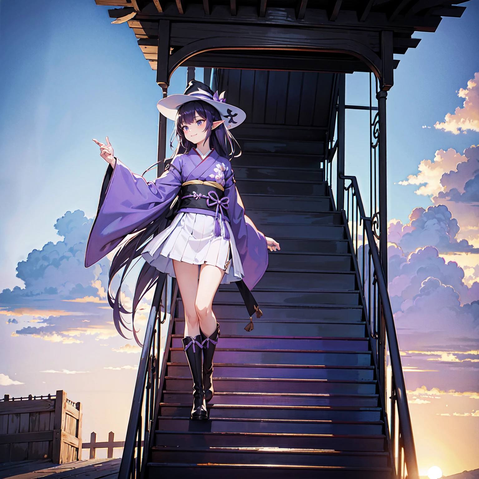 The only structure present in the painting is a simple staircase made of iron. There is no land. There are no walls. The background is nothing but stairs and clouds. A girl with long violet-purple hair. A kind, full smile. Pointy elf ears. Her clothes are simple: a black robe with wide sleeves and a black miniskirt. Her knees are showing. There is a V-shaped white insert in the front, like a kimono. A witch's hat with purple ribbons on each side. Black boots. Background, bright painting, Makoto Shinkai, only endless stairs, stairs above clouds, illustration, nostalgic, vivid, bright, sunset. A maze of connected stairs. A labyrinth of stairs. Not touching land. A simple iron staircase. Decaying old staircase.