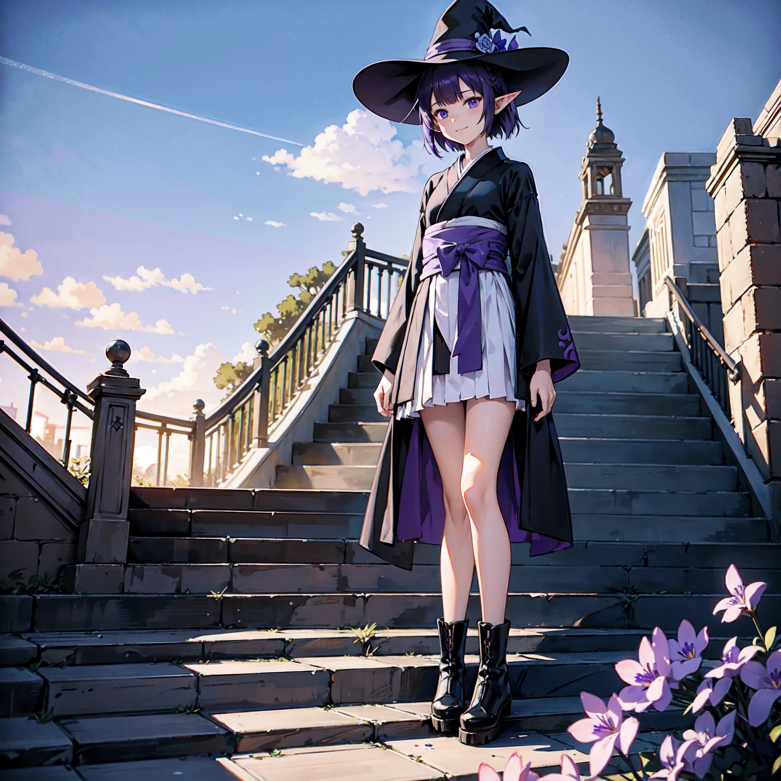 The only structure present in the painting is a simple staircase made of iron. There is no land. There are no walls. The background is nothing but stairs and clouds. A girl with long violet-purple hair. A kind, full smile. Pointy elf ears. Her clothes are simple: a black robe with wide sleeves and a black miniskirt. Her knees are showing. There is a V-shaped white insert in the front, like a kimono. A witch's hat with purple ribbons on each side. Black boots. Background, bright painting, Makoto Shinkai, only endless stairs, stairs above clouds, illustration, nostalgic, vivid, bright, sunset. A maze of connected stairs. A labyrinth of stairs. Not touching land. A simple iron staircase. Decaying old staircase.