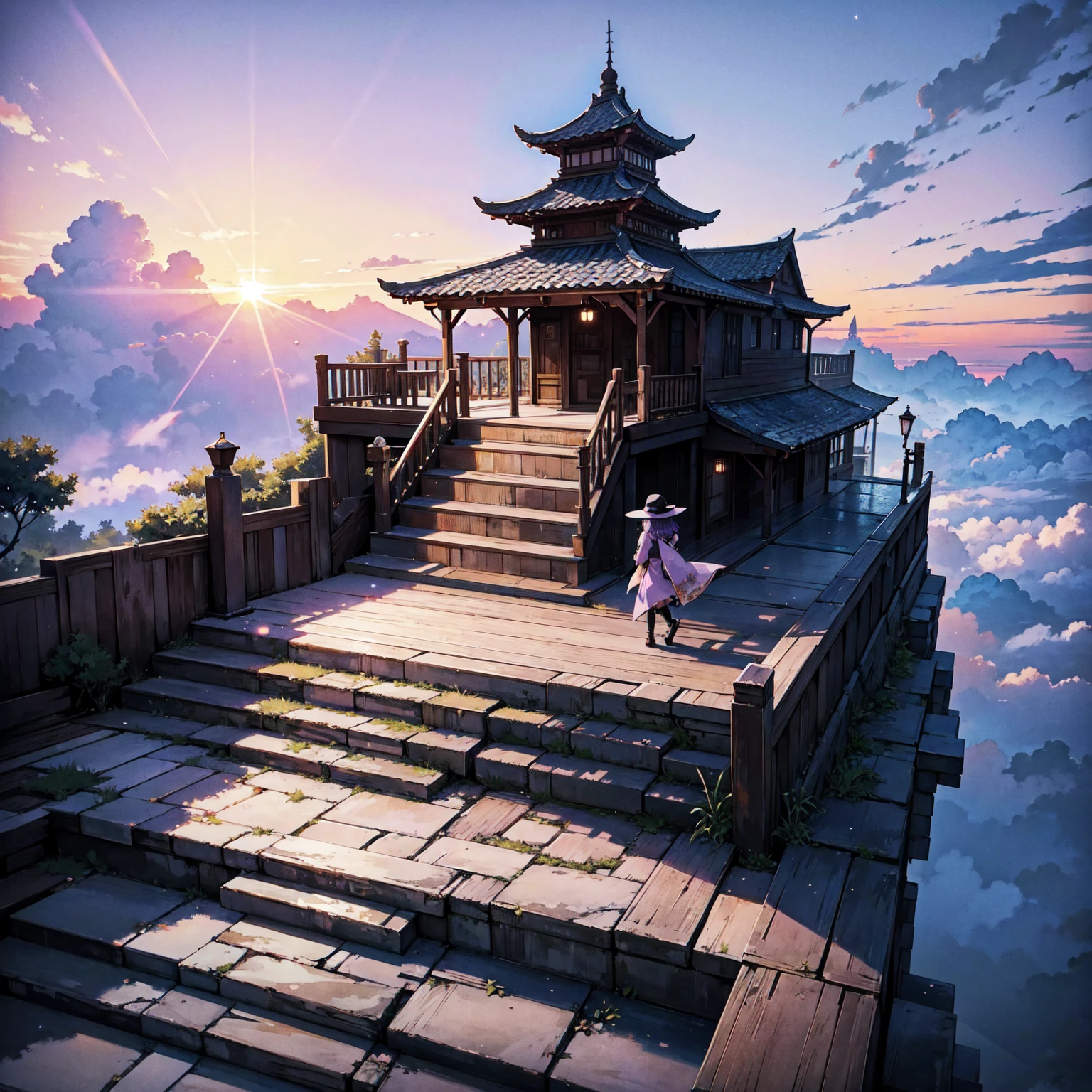 The only structure present in the painting is a simple staircase made of iron. There is no land. There are no walls. The background is nothing but stairs and clouds. A girl with long violet-purple hair. A kind, full smile. Pointy elf ears. Her clothes are simple: a black robe with wide sleeves and a black miniskirt. Her knees are showing. There is a V-shaped white insert in the front, like a kimono. A witch's hat with purple ribbons on each side. Black boots. Background, bright painting, Makoto Shinkai, only endless stairs, stairs above clouds, illustration, nostalgic, vivid, bright, sunset. A maze of connected stairs. A labyrinth of stairs. Not touching land. A simple iron staircase. Decaying old staircase.