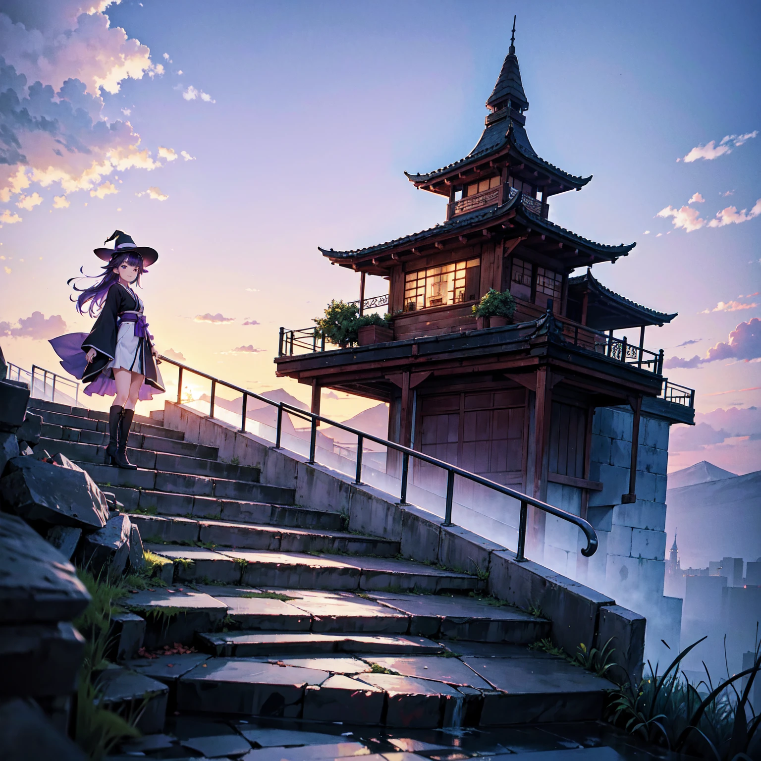 The only structure present in the painting is a simple staircase made of iron. There is no land. There are no walls. The background is nothing but stairs and clouds. A girl with long violet-purple hair. A kind, full smile. Pointy elf ears. Her clothes are simple: a black robe with wide sleeves and a black miniskirt. Her knees are showing. There is a V-shaped white insert in the front, like a kimono. A witch's hat with purple ribbons on each side. Black boots. Background, bright painting, Makoto Shinkai, only endless stairs, stairs above clouds, illustration, nostalgic, vivid, bright, sunset. A maze of connected stairs. A labyrinth of stairs. Not touching land. A simple iron staircase. Decaying old staircase.