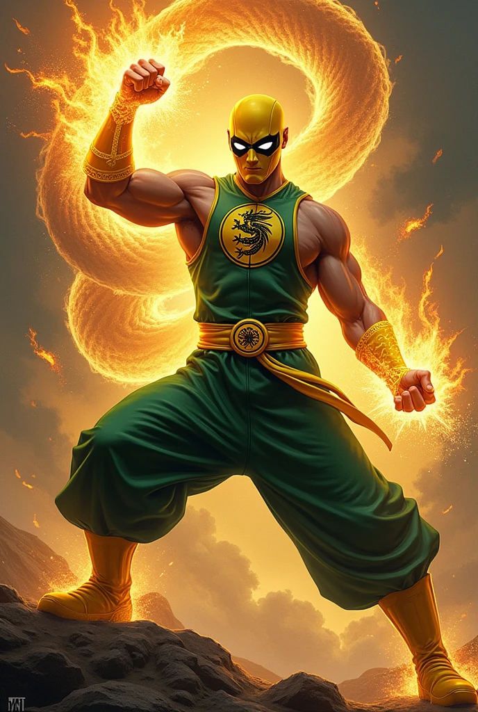 ((best quality)), ((masterpiece)), (detail), Iron Fist, Marvel, 1man, shirtless, martial arts, yellow mask covering upper face, white eye patterns with black outline, muscular, green costume, yellow belt and boots, burning fists, black dragon emblem, dragon aura, mystical