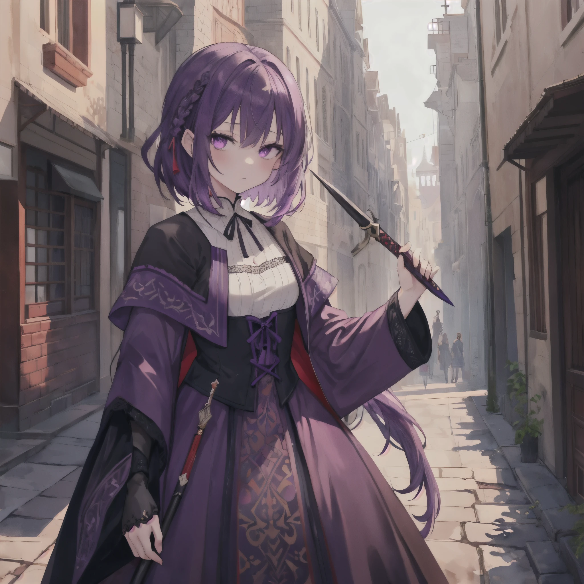 SAYUDEF, SAYURND ,1 girl, best quality, Amazing, beautiful detailed eyes, finely detailed, extremely detailed, full body, purple hair with red strand, purple eyes, short girl, skinny, fabric,robe,medieval outfit,assassin,dark purple theme,holding a dagger,ready to fight,watercolor,single face,no white elements ,full body, street background,watercolor,High Resolution, Masterpiece, 