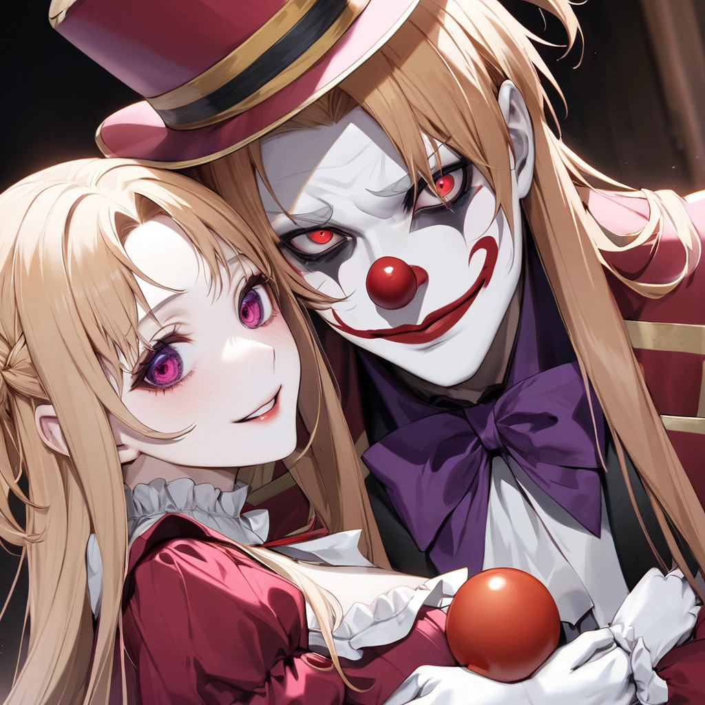 ((Highest quality)), ((masterpiece)), (detailed), (Perfect Face)、The woman is holding a baby、((The woman is a clown lady who used to be Asuna Yuuki. She has light brown, semi-long hair, pure white skin, and is wearing a creepy clown mask.))、The woman was dressed in a creepy clown costume, wearing a jester hat with clown makeup, a creepy clown face, and a red nose.、The woman is a creepy, evil, lewd clown who is a minion of an evil organization.、The woman is in love with the ringmaster clown in the evil circus.、The Pierrot leader made the woman his own, and as his Pierrot wife, her love and loyalty was engraved into his soul forever.、The woman is the wife of a destined clown couple who are spiritually bound to the head clown.、The woman, from her hair to her soul, became the property of the Pierrot leader、The woman was completely dyed in the Pierrot leader's color and eternally bound as his ideal Pierrot wife.