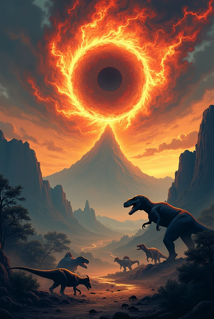 Recreate the dinosaur apocalypse using Sauron from The Lord of the Rings as the meteor.. 
create a simple vector illustration type image