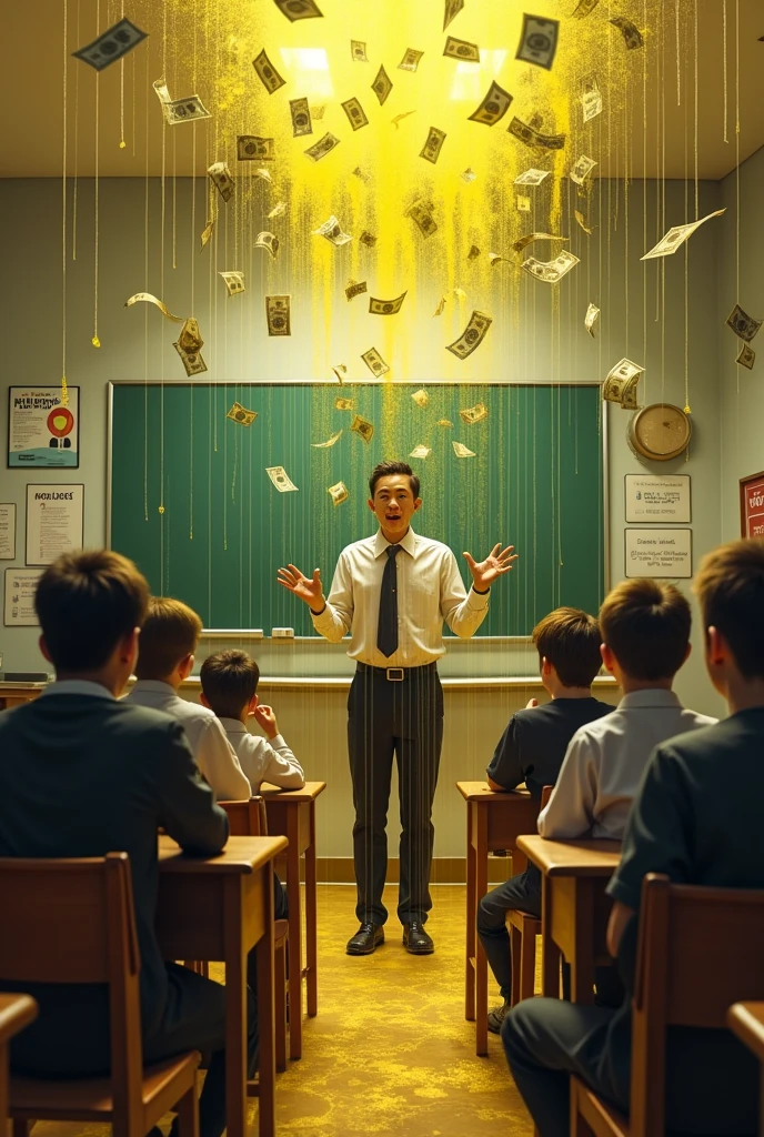 Create a picture where there is a teacher teaching, and then there is money flying in the classroom and emitting a yellow liquid. Dan ada sawang2 di tembok kelas