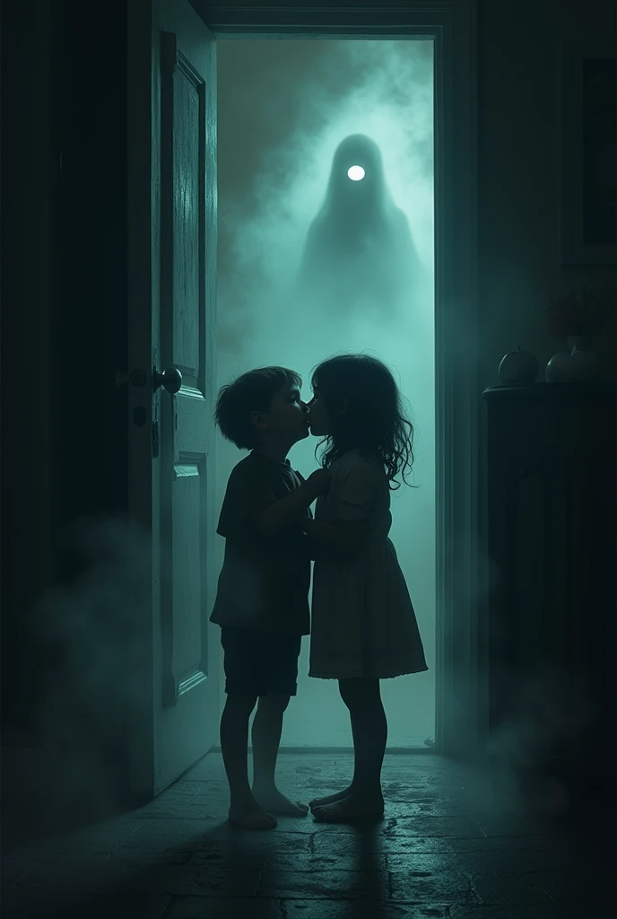 A boy and a girl are scared, locked in a dark house with the doors closed, listening to a ghost's voice. 