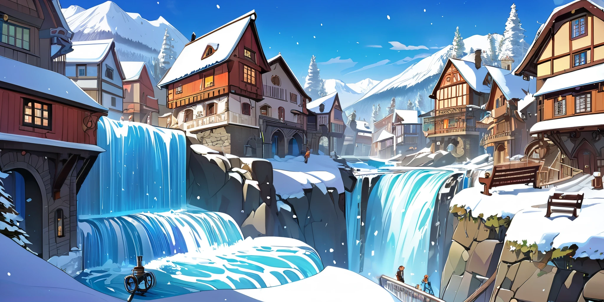 Dessinez une affiche d'anime lofi, village, mountain, Steampunk decoration, Cascade, Light, snowing, a beautiful color palette in white and blue, couleurs saturées vibrantes, ouvrages d'art, les jours, animated theme
