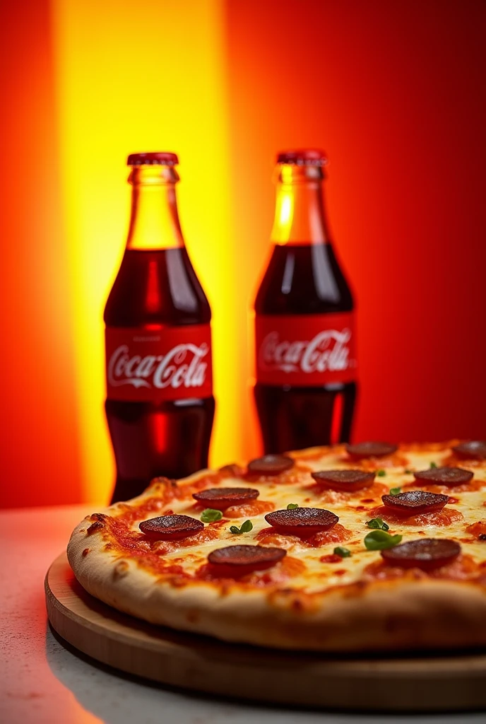 photo of pizza with two cokes in the background for 129,99 reais red and yellow for an Instagram post
