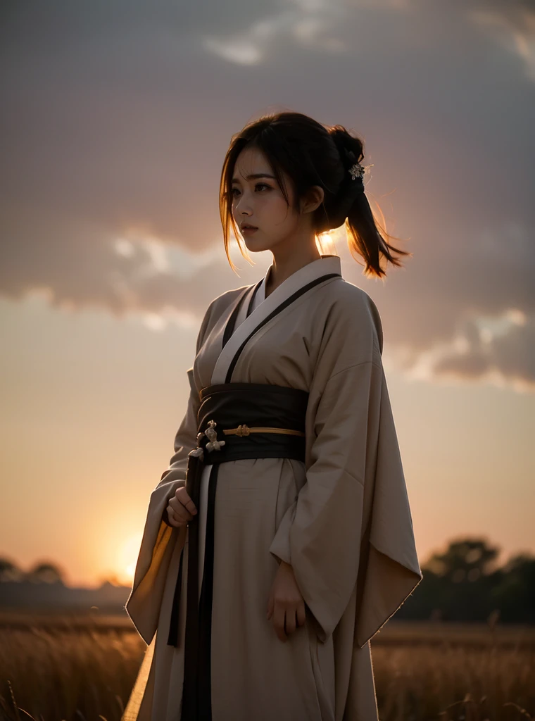 A lone samurai woman standing in a tranquil field during dusk, inspired by the Sengoku period of Japan. She wears traditional black and dark brown samurai attire, including a loose robe (kimono-style) with wide sleeves, tied with a dark obi around her waist. Her hair is tied up in a traditional warrior style, with a calm yet resolute expression on her face. The scene has a soft, muted color palette with earthy tones, capturing the serenity of the moment. The background is simple, with soft, fading light in the sky, silhouetting her figure against the evening glow. Birds are flying in the distance, and the overall mood is one of quiet contemplation and strength."Additional Parameters:Style: Realistic, slightly stylized with a soft, muted color paletteLighting: Dusk lighting, soft and warm with fading sunlightColors: Dark black and brown tones for the attire, earthy tones for the environment, muted hues overallComposition: The samurai woman centered, with a minimalistic background that highlights her attire and silhouetteEnvironment: Quiet field during dusk, with birds in the distance and a serene atmosphere