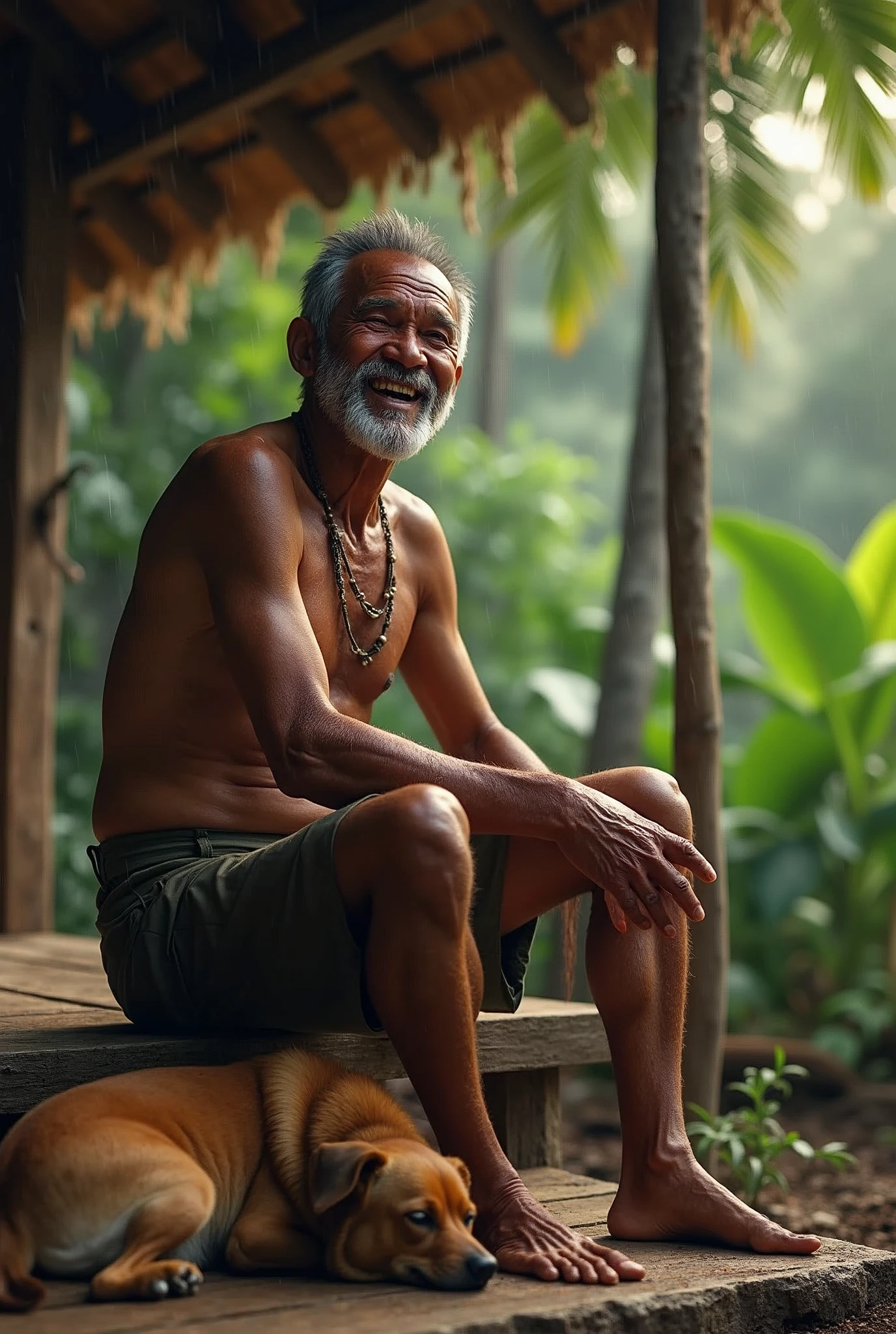 ( photo realism 1.2) photo realistic high detailed old native male smile sitting on jungle hut with dog sleeping under the dog after rain morning mode with campfire cinematic