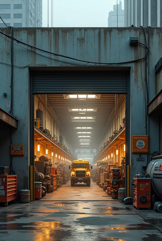 Create the front of a robot workshop repairing vehicles