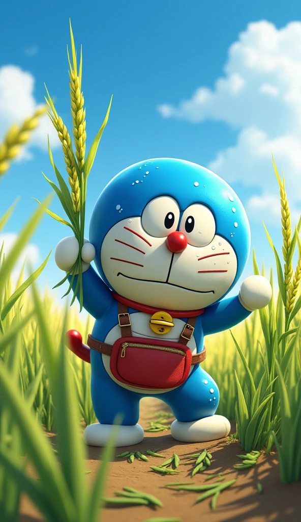 Doraemon works as a farmer harvesting rice.,Doraemon's face was sweating a lot because he was very tired