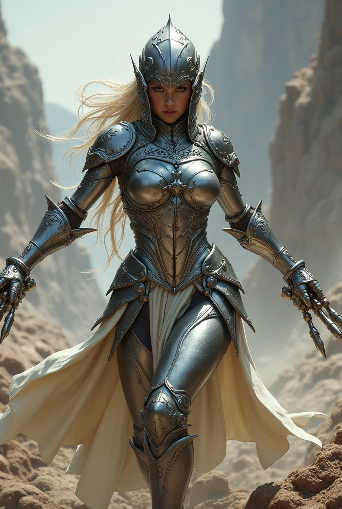  A female warrior in silver armor and a silver helmet throwing metal at her adversaries. 
