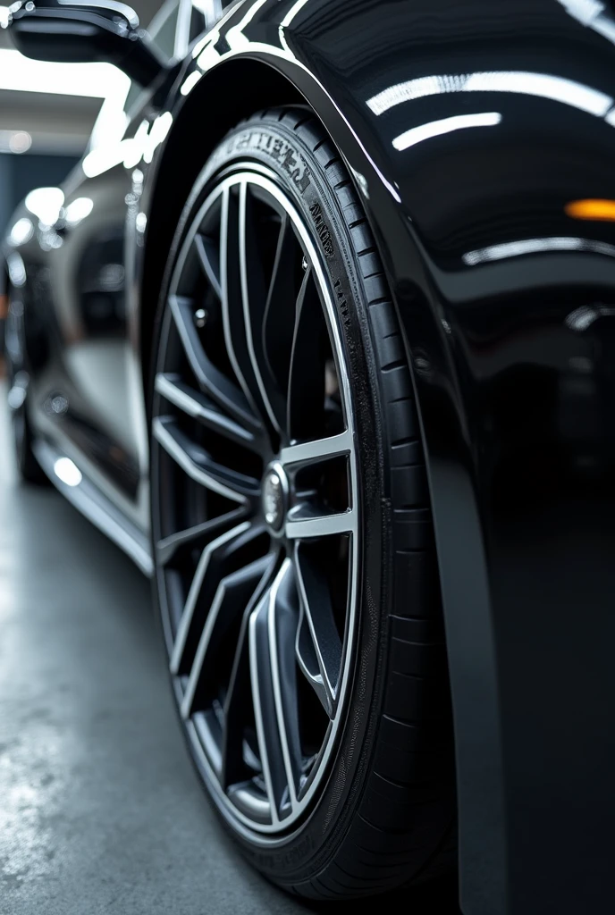 High-Gloss Wheel and Tire Detail:
Prompt: A close-up image focusing on a luxury car’s wheels and tires, freshly detailed. The wheels should be spotless, with a high-gloss finish, and the tires should appear clean and well-conditioned. The background could include a subtle glimpse of the car’s body, emphasizing the comprehensive nature of RS Detailing’s services.