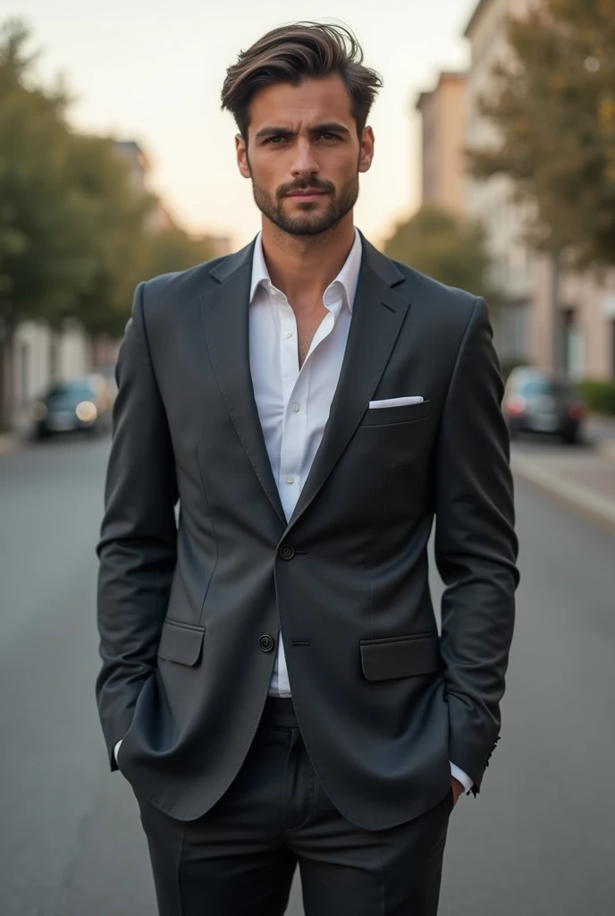 A  young handsome american man, well dressed, little smile on face, looking in camera, on road