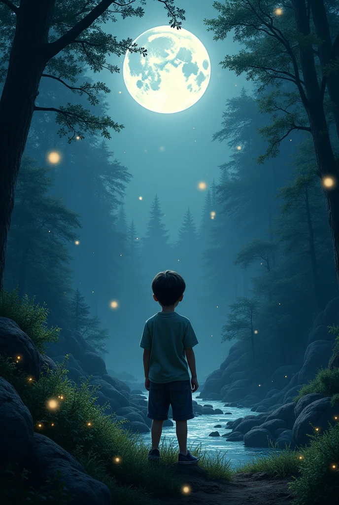 The hopeful boy stood in the forest bathed in the light of the moon and fireflies.