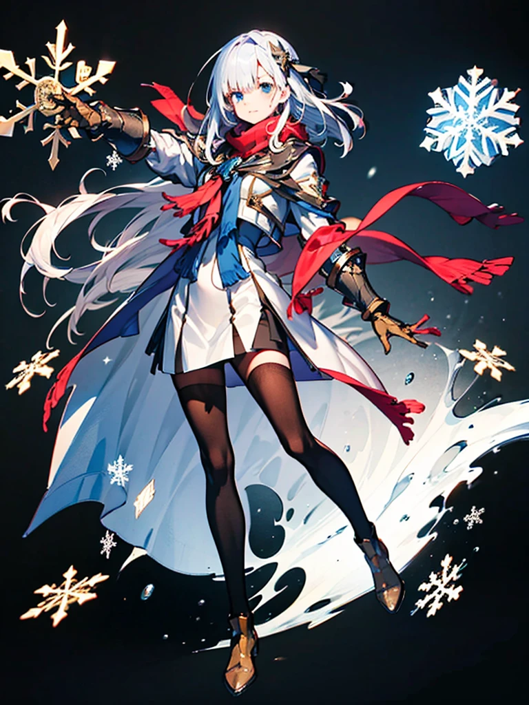 Black background with spotlight, Snowflakes flutter,Wearing a red scarf, White jacket,Medium hair, Blue and white hair,blue eyes,（mechanized hand++, Unusually huge gauntlet++）