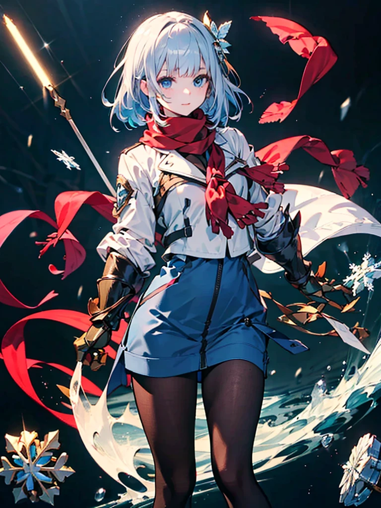 Black background with spotlight, Snowflakes flutter,Wearing a red scarf, White jacket,Medium hair, Blue and white hair,blue eyes,（mechanized hand++, Unusually huge gauntlet++）