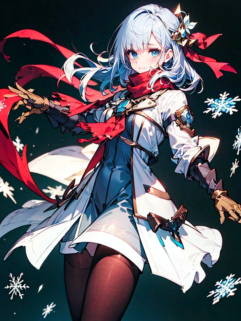 Black background with spotlight, Snowflakes flutter,Wearing a red scarf, White jacket,Medium hair, Blue and white hair,blue eyes,（mechanized hand++, Unusually huge gauntlet++）