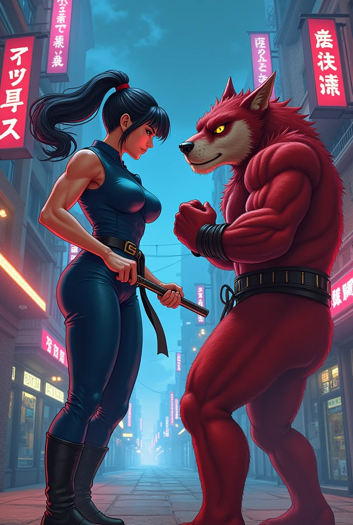 Chun-li fighting Bizon from behind, nunchaku in hand, in the style of (((Street-Fighter game))) with a Niji cartoon aesthetic, modern anime interpretation, fantasy elements, eerie atmosphere, intricate details, elegant composition, super highly detailed characters and background, professional digital painting techniques, artstation quality, concept art approach, 8k resolution, artistic fusion of styles reminiscent of Artgerm, Eiichiro Oda, and Koyoharu Gotouge, dynamic action pose, vibrant color palette, exaggerated proportions, sharp line work, dramatic lighting effects, intense facial expressions, fluid motion lines, detailed street background, blend of 2D and 3D elements, cinematic framing, high contrast shadows.