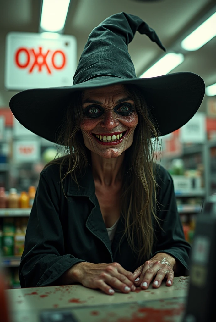 Ugly cashier with a witch costume at OXXO with text "karen"