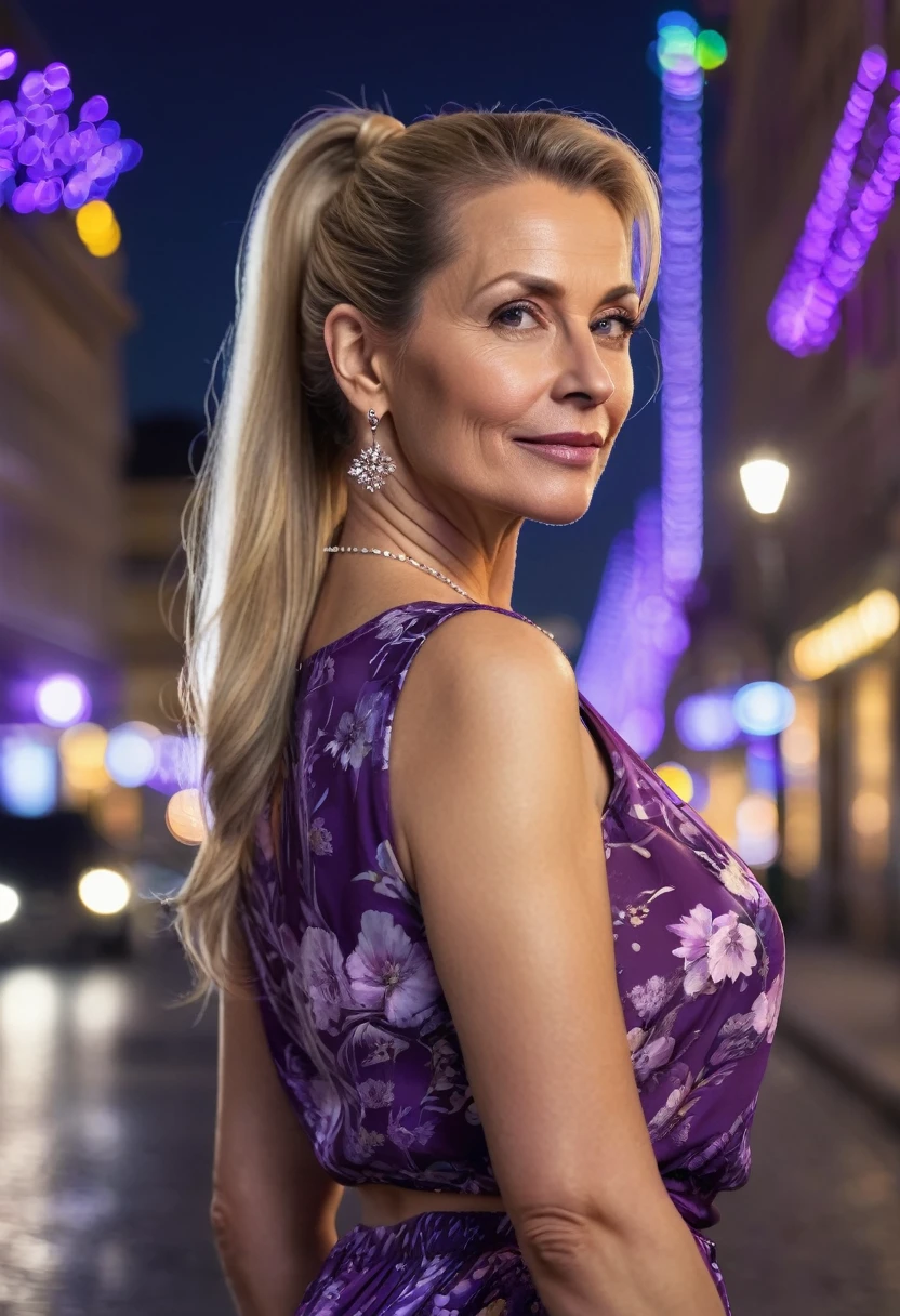 Close-up, 8K quality, realistic image of a beautiful 45 year old European woman with long blonde hair tied back in a ponytail. She had a curvy body with slightly larger breasts and was wearing a purple floral patterned blouse and a short skirt. He stood in the city at night, with the soft city lights illuminating him. The background features city buildings, street lights, and a vibrant night scene, highlighting its calm and elegant presence in the urban environment.