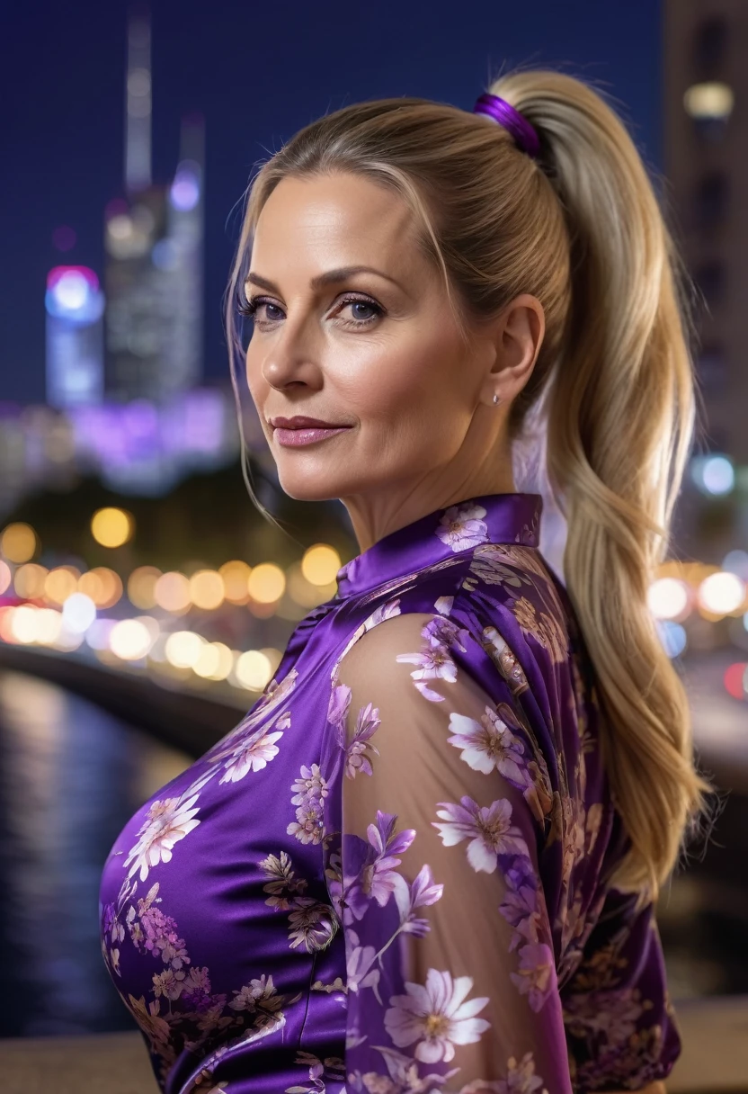 Close-up, 8K quality, realistic image of a beautiful 45 year old European woman with long blonde hair tied back in a ponytail. She had a curvy body with slightly larger breasts and was wearing a purple floral patterned blouse and a short skirt. He stood in the city at night, with the soft city lights illuminating him. The background features city buildings, street lights, and a vibrant night scene, highlighting its calm and elegant presence in the urban environment.