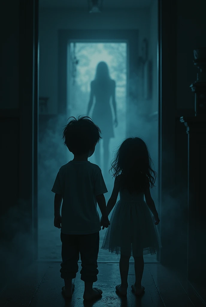 A boy and a girl are scared, locked in a dark house with the doors closed, listening to a ghost's voice.