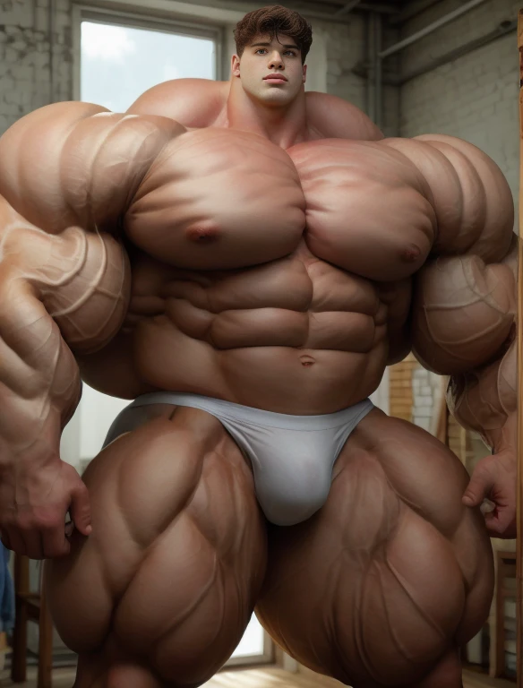 1boy, giant, giant bodybuilder, stand, illuminating light, strong body, bulk, large size, staring, armpit, in the white photo studio room, nude, jute triangular underwear, prominent bulge, extraordinary big, brutalmass, giant, muscular body, bulk, buff, massive body, large meaty body size, extremely wide body, tallest body