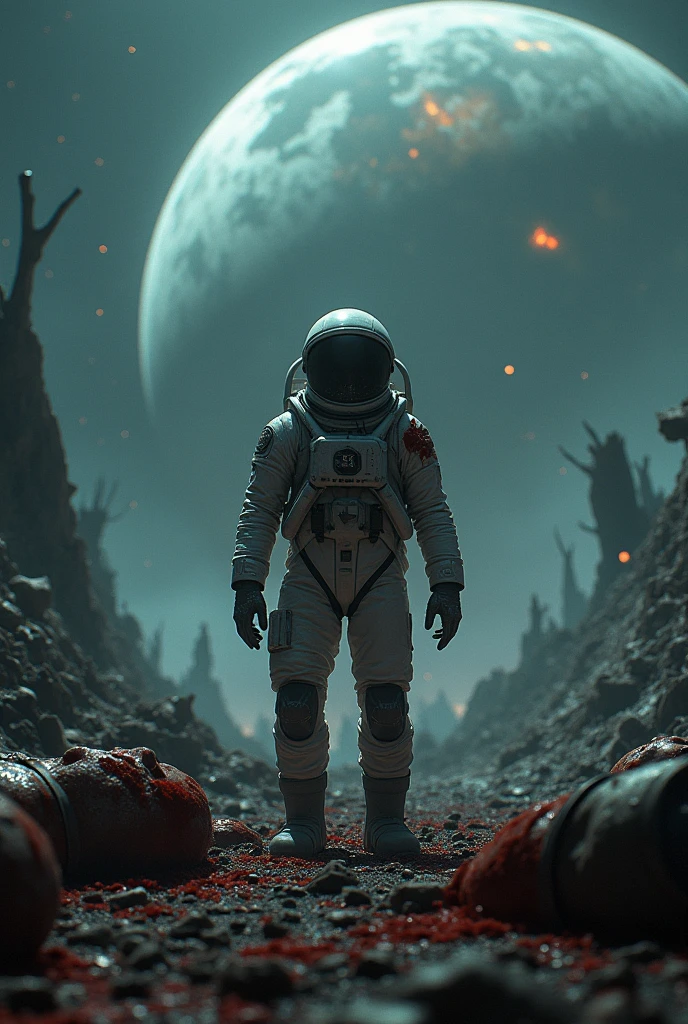 A scared astronaut on a dimly lit Earth where his companions are dead and covered in blood,