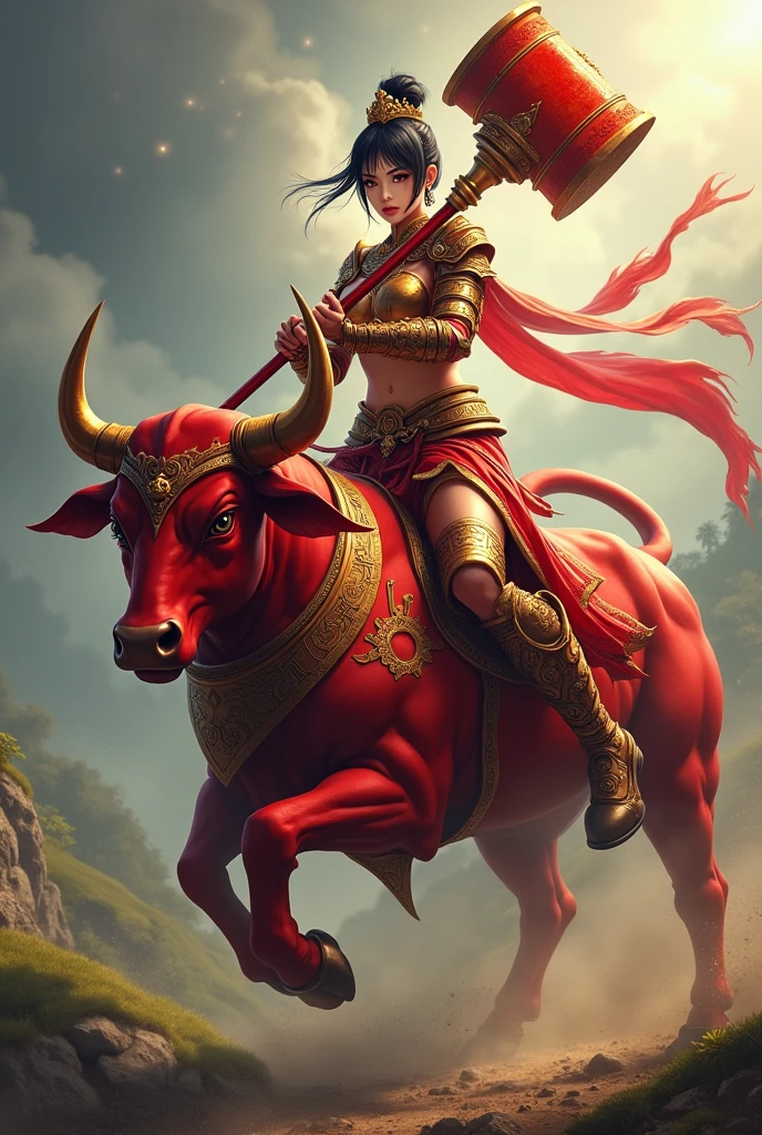 A Thai female warrior with short black hair, wearing red and gold armor, holding a large red and gold hammer, riding a red bull.