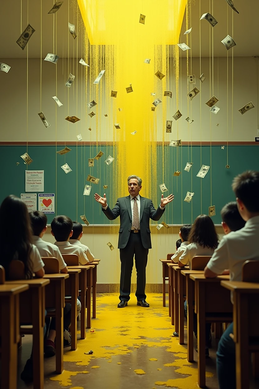 Create a picture where there is a teacher teaching, and then there is money flying in the classroom and emitting a yellow liquid. Dan ada sawang2 di tembok kelas