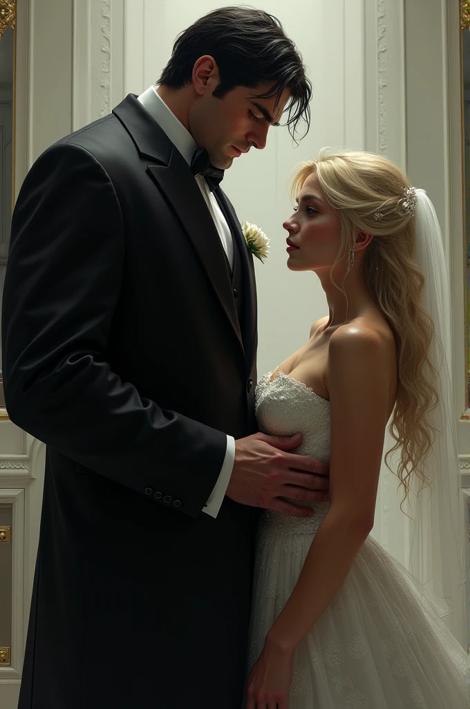 A tall man, in a black wedding suit, with black hair, an intimidating and somewhat muscular air, getting tired with a blonde woman