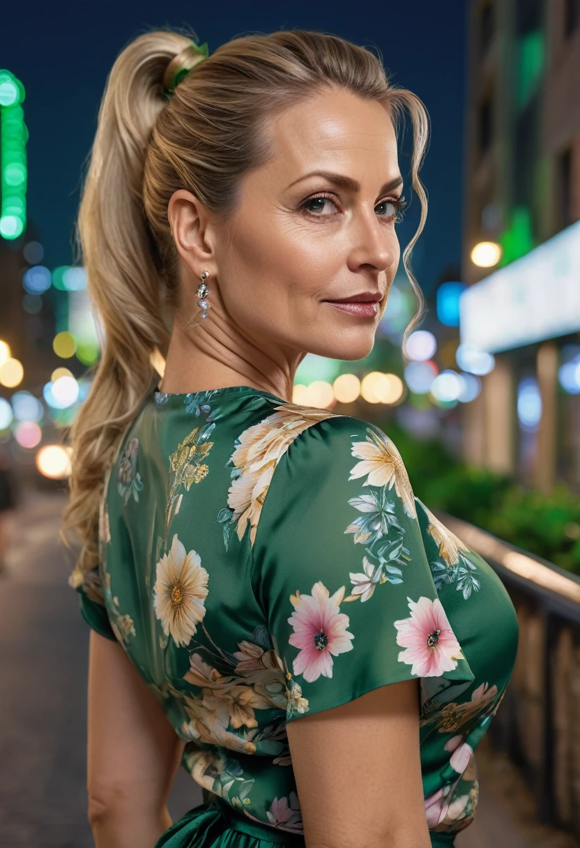 Close-up, 8K quality, realistic image of a beautiful 45 year old European woman with long blonde hair tied back in a ponytail. She had a curvy body with slightly larger breasts and was wearing a green floral patterned blouse and a short skirt. He stood in the city at night, with the soft city lights illuminating him. The background features city buildings, street lights, and a vibrant night scene, highlighting its calm and elegant presence in the urban environment.
