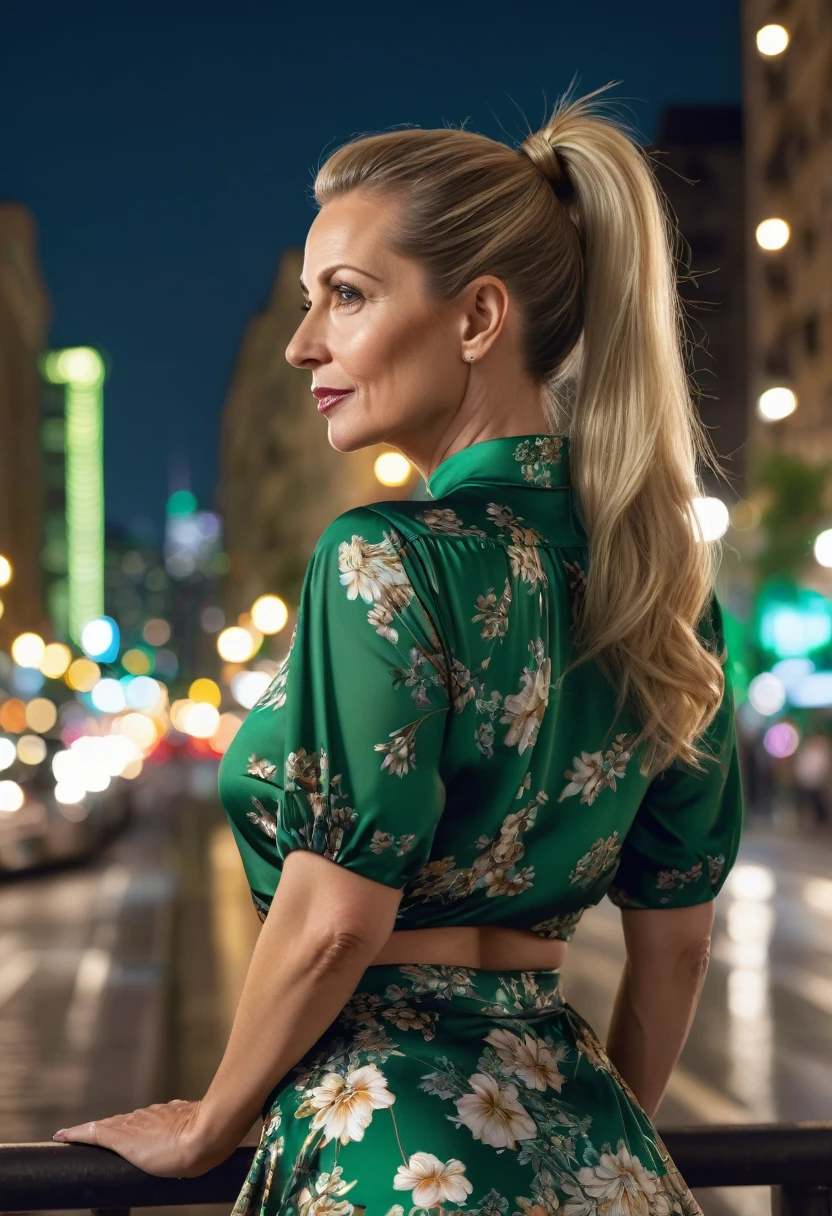 Close-up, 8K quality, realistic image of a beautiful 45 year old European woman with long blonde hair tied back in a ponytail. She had a curvy body with slightly larger breasts and was wearing a green floral patterned blouse and a short skirt. He stood in the city at night, with the soft city lights illuminating him. The background features city buildings, street lights, and a vibrant night scene, highlighting its calm and elegant presence in the urban environment.