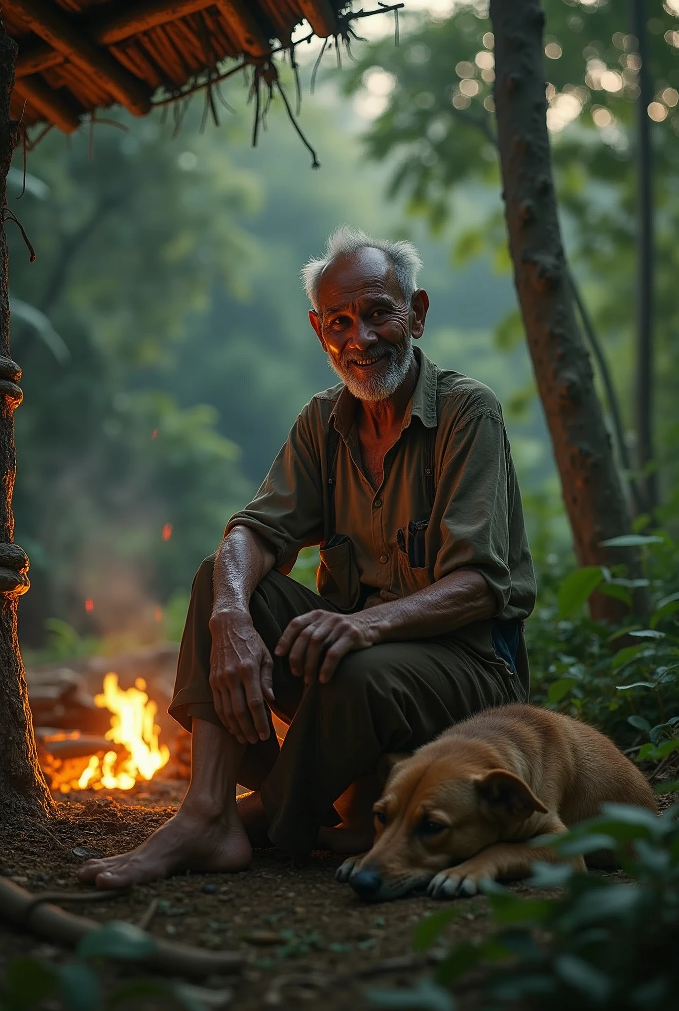 ( photo realism 1.2) photo realistic high detailed old native male smile sitting on simple jungle hut with dog sleeping under the hut morning mode with campfire cinematic Malaysia forest cinematic view some effect dark mode night